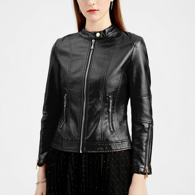 LOVZFMLL Jackets for Women Fashion Zipper Leather Tops With Pocket Short Coat Jacket