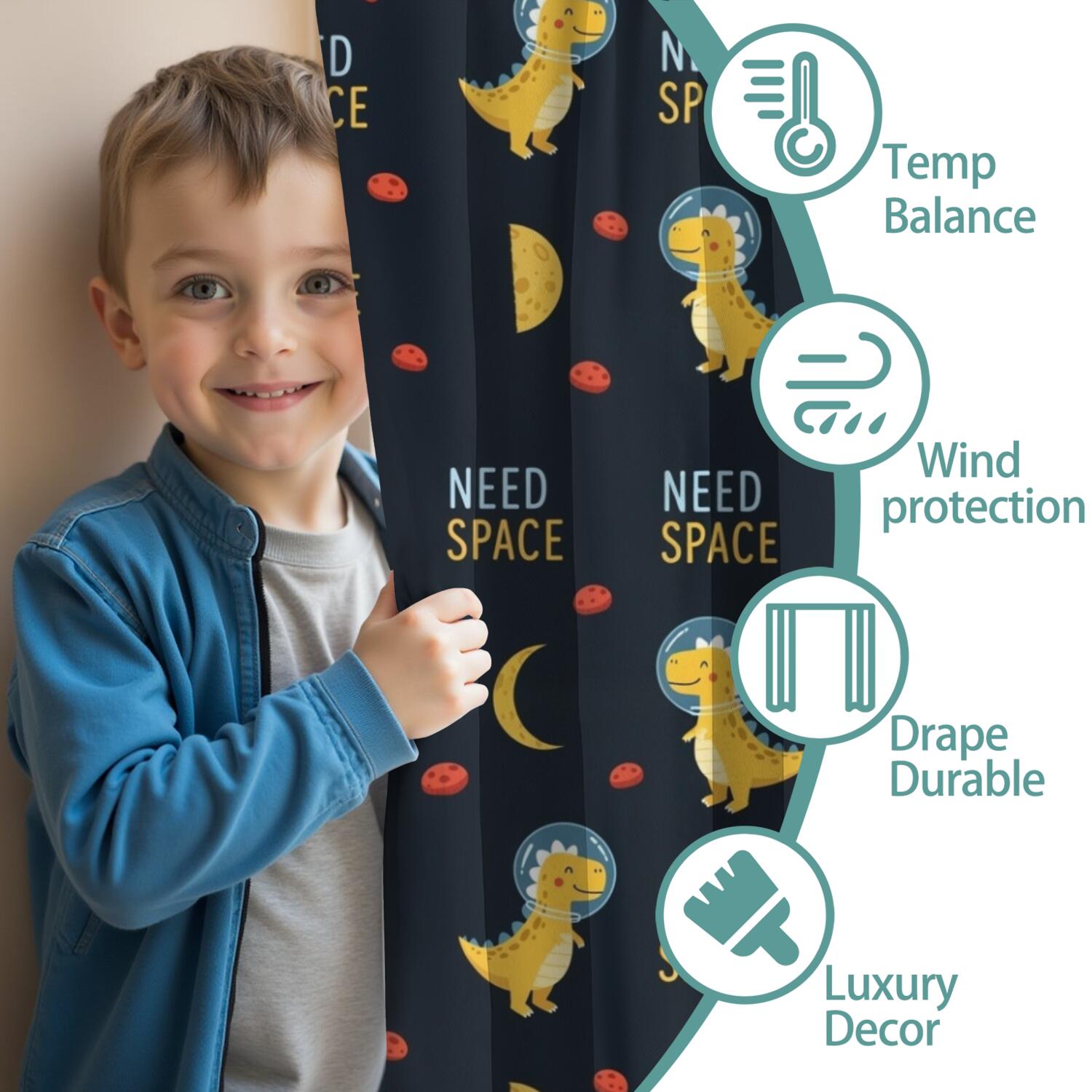 Blackout Kids Curtains,DarkBlue Cartoon Dinosaurs Astronauts Pattern Childrens Insulated Curtains Set Of 2,Bedroom Essentials,Toddler Room Decor 42"x84"