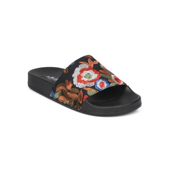Women Floral Embroidered Open Toe Molded Footbed Slide HH00