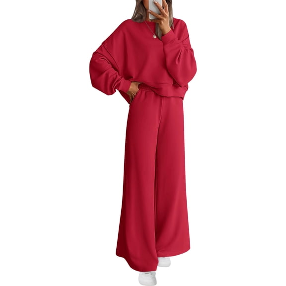 Sewkxo Women 2 Piece Outfits 2026 Fall Sweatsuits Crewneck Sweatshirt Wide Leg Sweatpants Lounge Sets Tracksuit,Red S