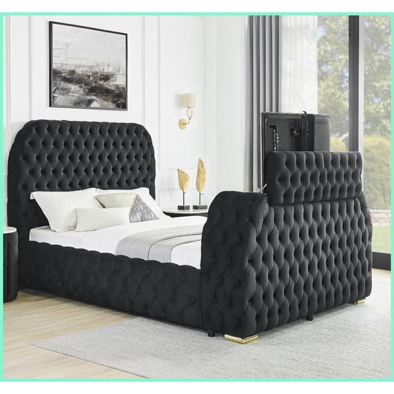 Queen Size Black Velvet Upholstered Bed with Built-in Electric Fireplace & TV Lift - Bedroom Furniture