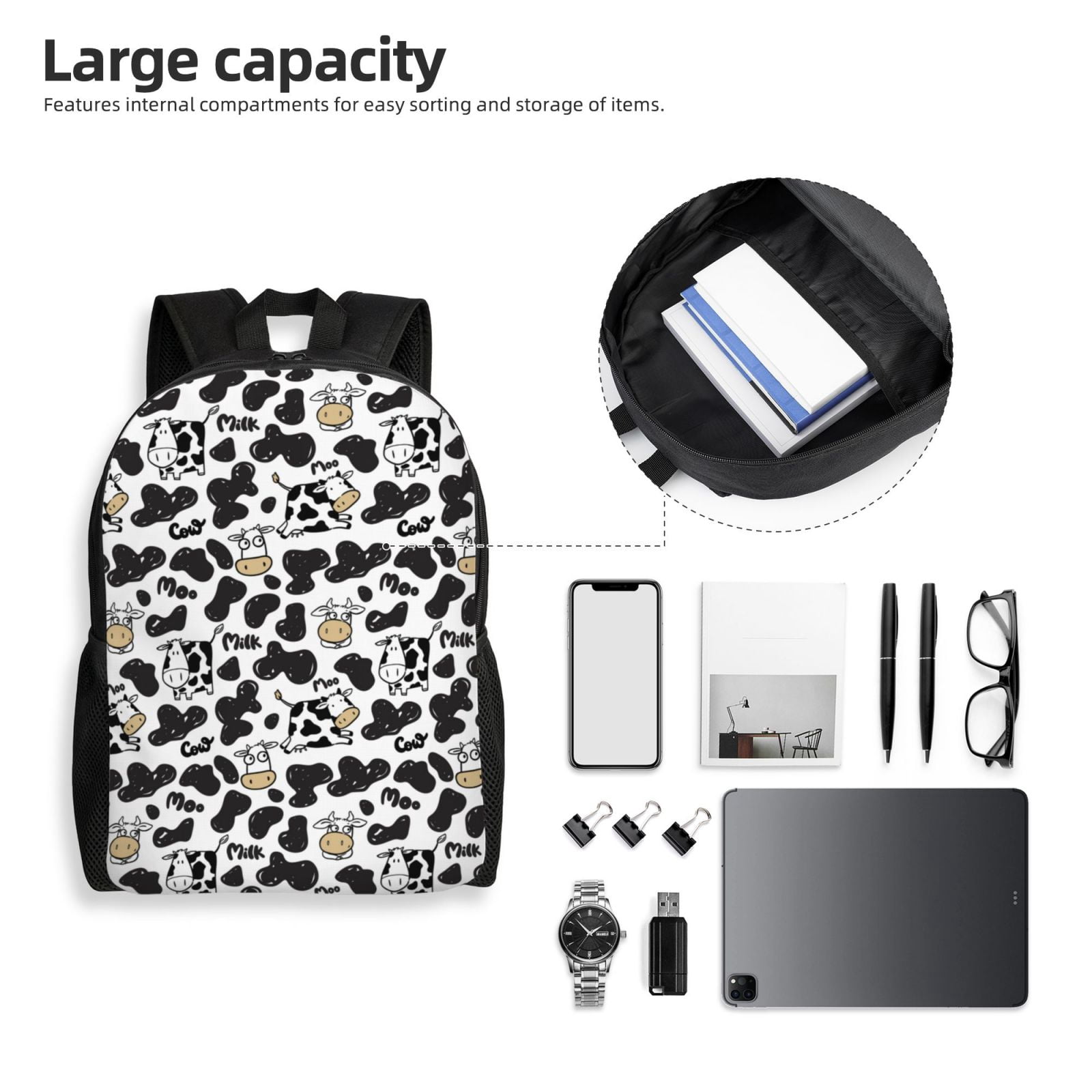 Defioc Cow Print Backpack -Travel,or Work Bookbag Daypacks with 15-Inch Laptop Sleeve and Dual Water Bottle Pockets