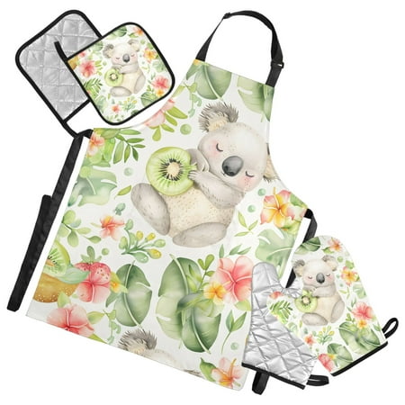 Cute Koala with Kiwi Fruit 5 Pcs Kitchen Set Heat Resistant Oven Mitts and Non-Slip Pot Holders with Adjustable Cooking Apron