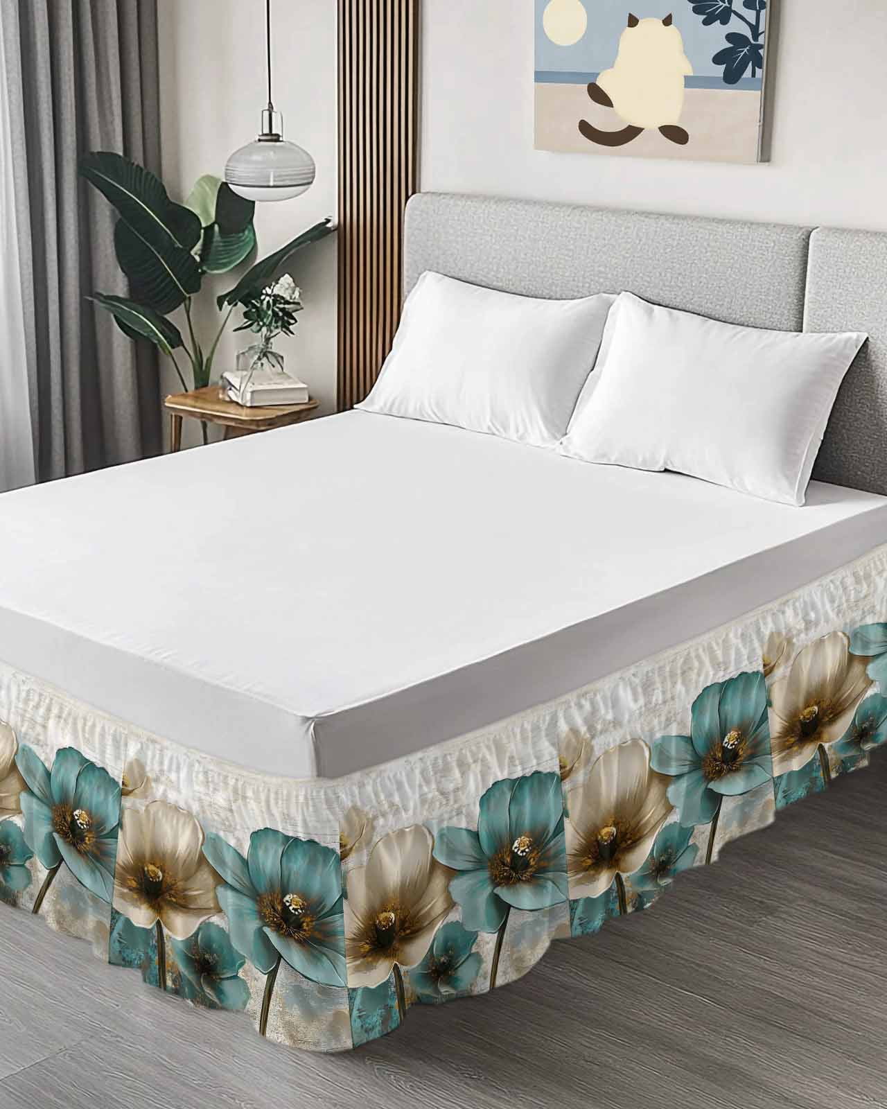 Retro Beige Teal Flowers Bed Skirt Vintage Background Pastoral Style Bed Skirts King Size 18 Inch Drop, Wrap Around Dust Ruffle&nbsp;Bedskirt with Adjustable Elastic Belt for Queen Size Beds