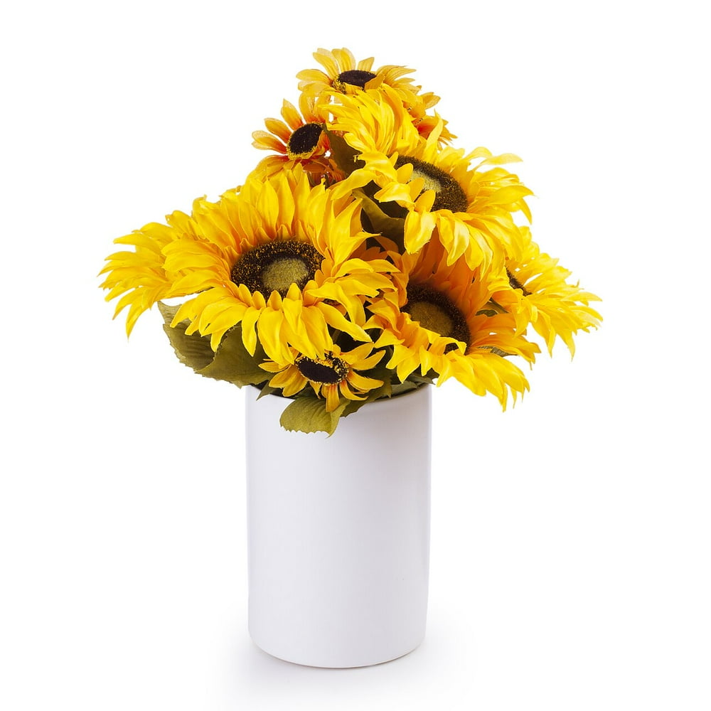 Enova Home Mixed Sunflower Arrangement in White Ceramic Vase