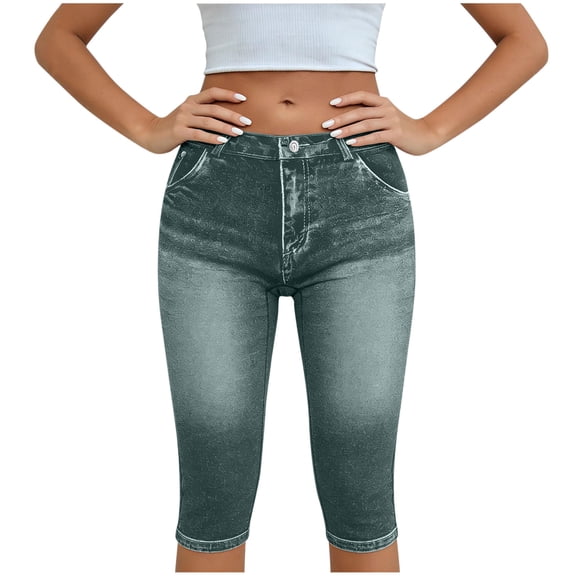 Admvng Faux Denim Capris for Women High Waist Stretchy Cropped Workout Pants