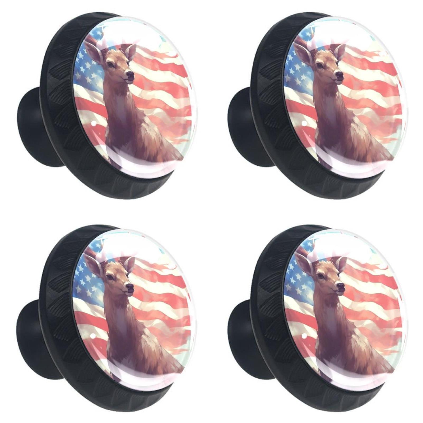 4 Pcs Deer and American Flag Knobs for Kitchen Cabinet Cupboard Dresser Bookcase Drawer Pulls Handles Round Home Decor
