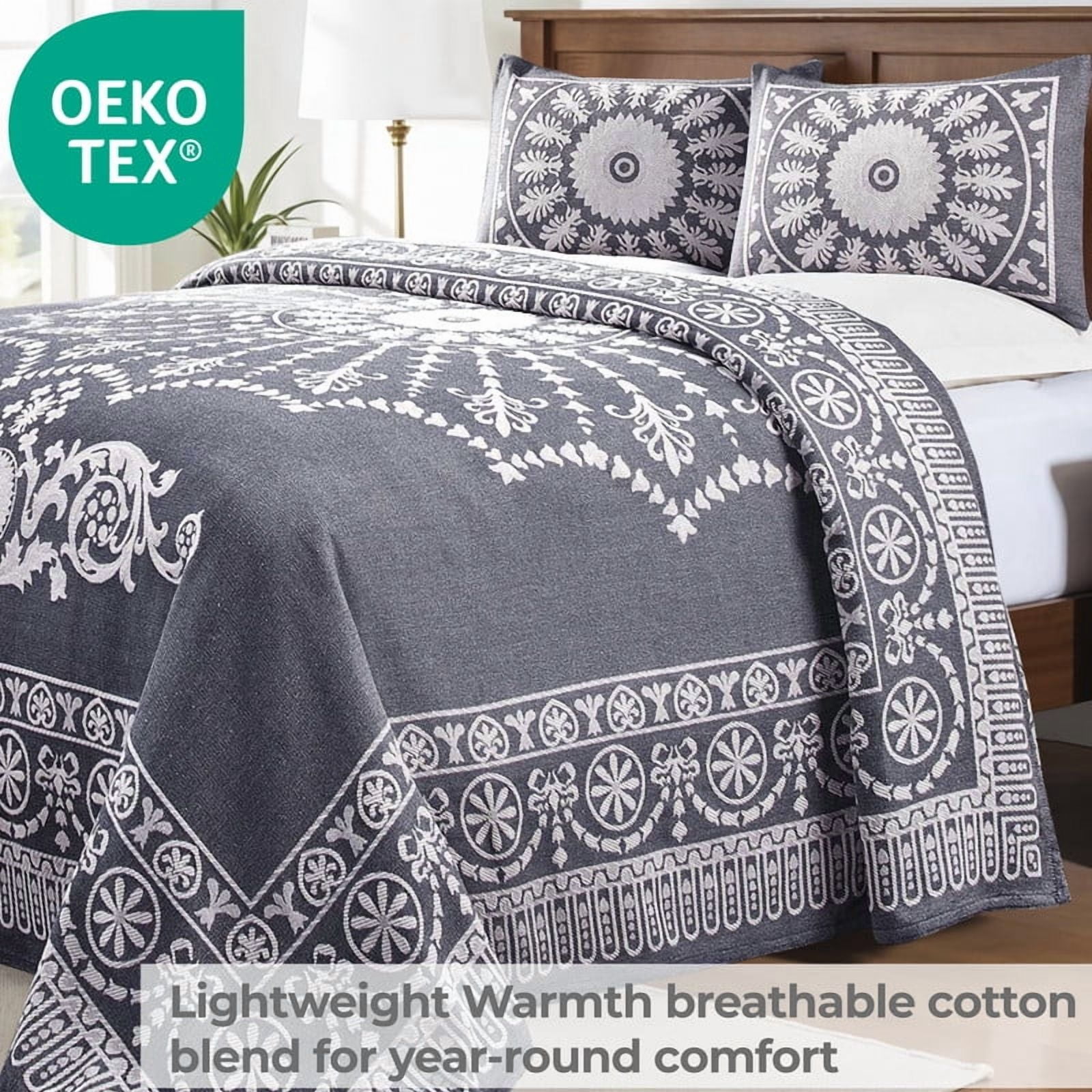 Superior 3-Pieces High-Durability Reversible Cotton Blend Bedspread Set, Full, Denim Blue