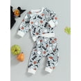 thumbnail image 2 of Newborn Baby Boys Girls Halloween Outfits Ribbed Long Sleeve Sweatshirt Crewneck Ghost/Skull Print Pullovers and Pants Sets, 2 of 7