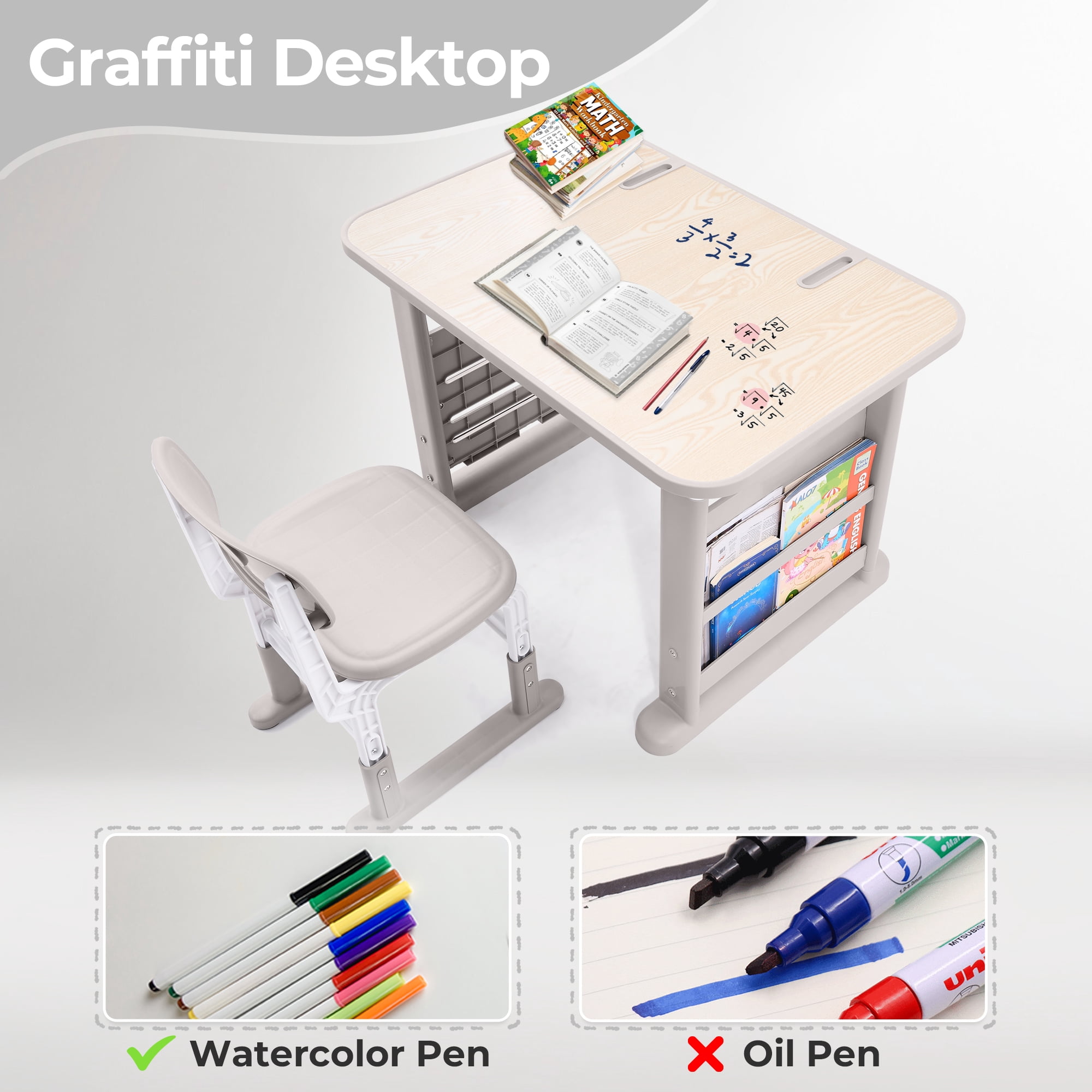Kids Desk and Chair Set with Bookshelf & Storage, Height Adjustable, Multi-Activity Table for Study & Play, Ages 3-12