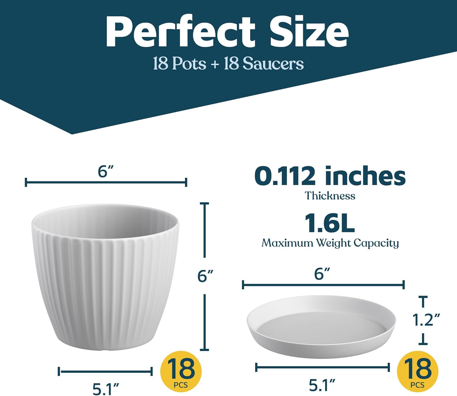 White 6-Inch Plant Pots with Drainage & Saucers 18 Pack, Indoor & Outdoor Planters for Houseplants, Herbs, and Flowers, Durable & Weatherproof Material, Stackable, Lightweight, Minimalist Design