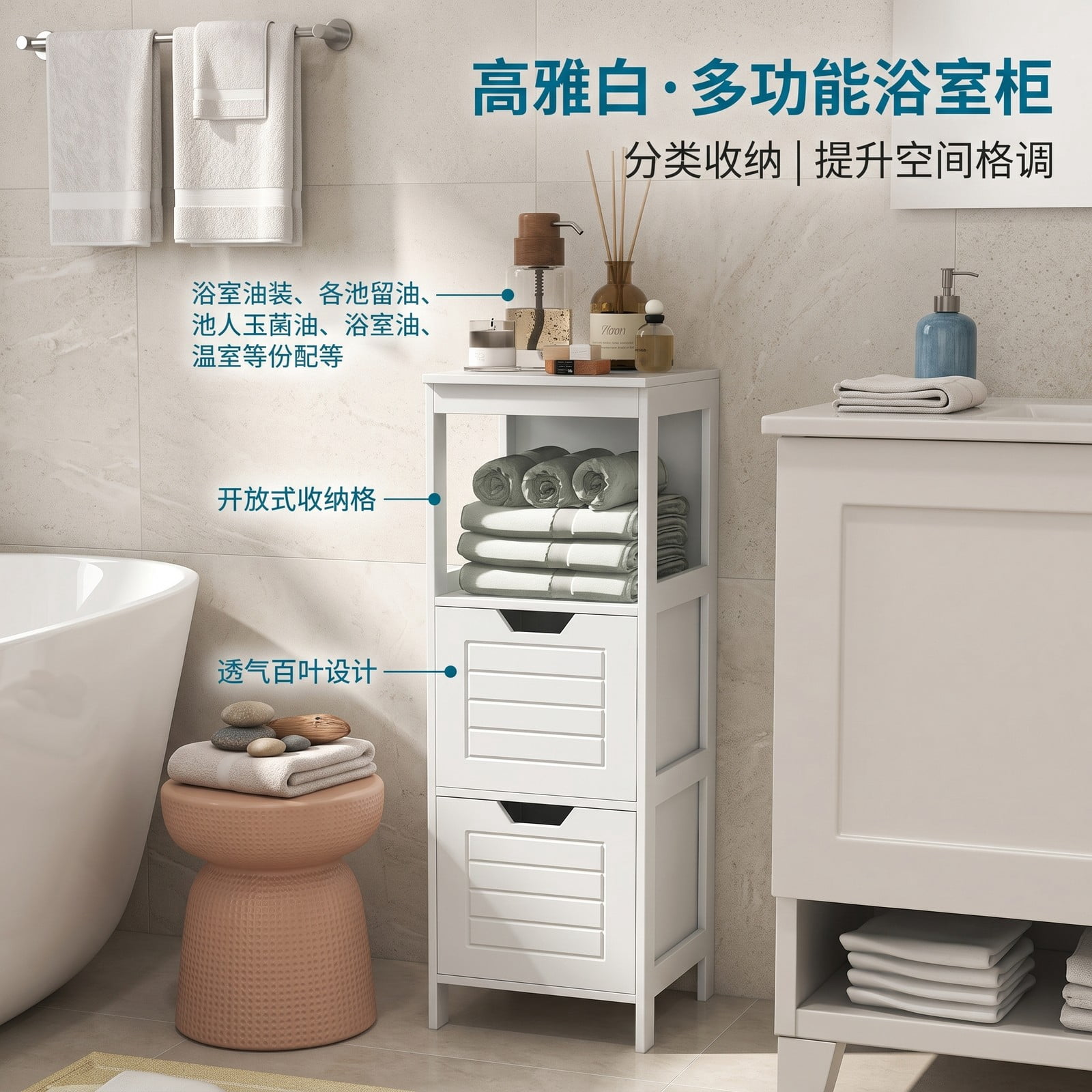 ALPULON Floor Cabinet Multifunction Storage Rack Stand Organizer, Freestanding Bathroom Storage Cabinet with 2 Drawers and 3 Open Shelves for Living Room, White