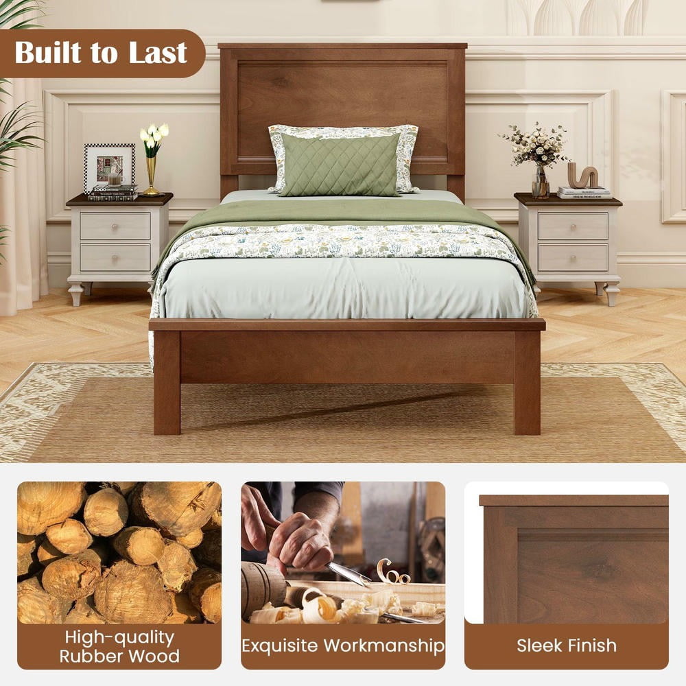 Barara King Twin Size Wooden Bedroom Bed Frame with Headboard and Slat Support, Bed Platform Frame for Apartment, Bedroom, Walnut