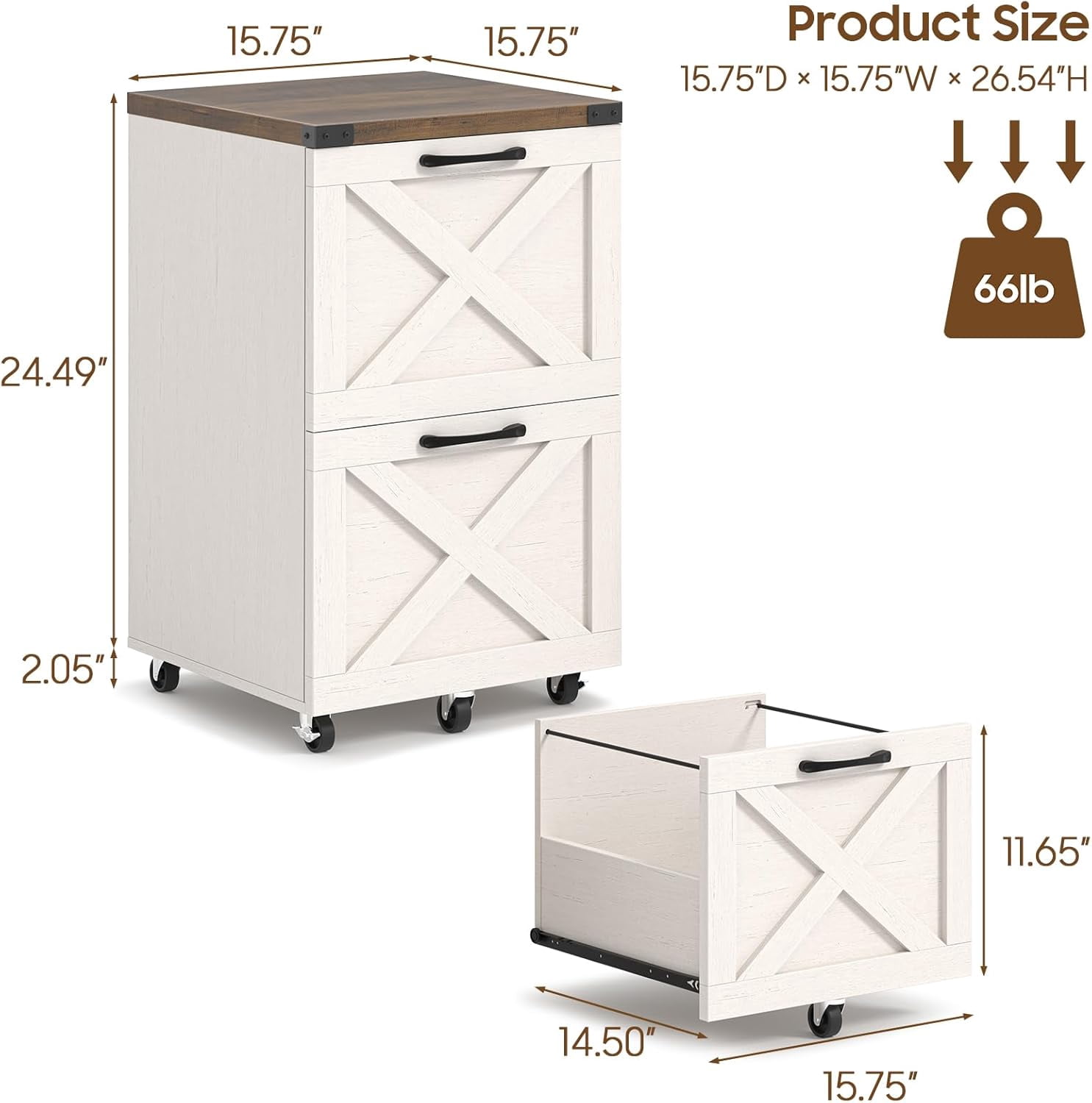 Conate 2 Drawer Rolling Wood File Cabinet with Lockable Wheels, Portable Vertical Filing Cabinet  for Home Office, Wooden Printer Stand