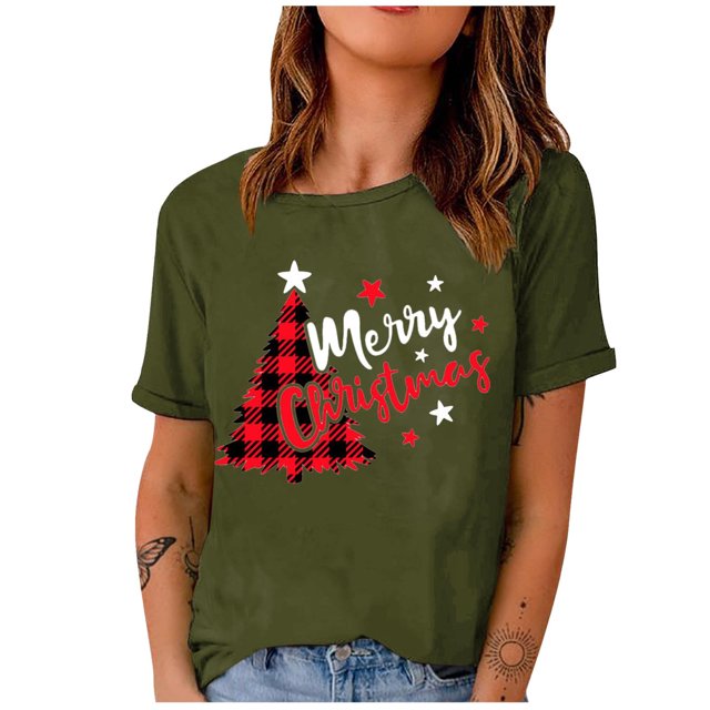Mode Femme T-Shirt Uni de Noël à Col Rond à Manches Courtes Imprimé Blouse Ample Hauts