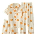 thumbnail image 3 of Wang6 Women's Cotton Pajamas Sets 3 Pieces Soft Long Sleeve Button Shirts Elastic Waist Shorts Wide Leg Pants Loose Fit Floral Printed Sleepwear Loungewear Pjs Sets Orange XL, 3 of 7