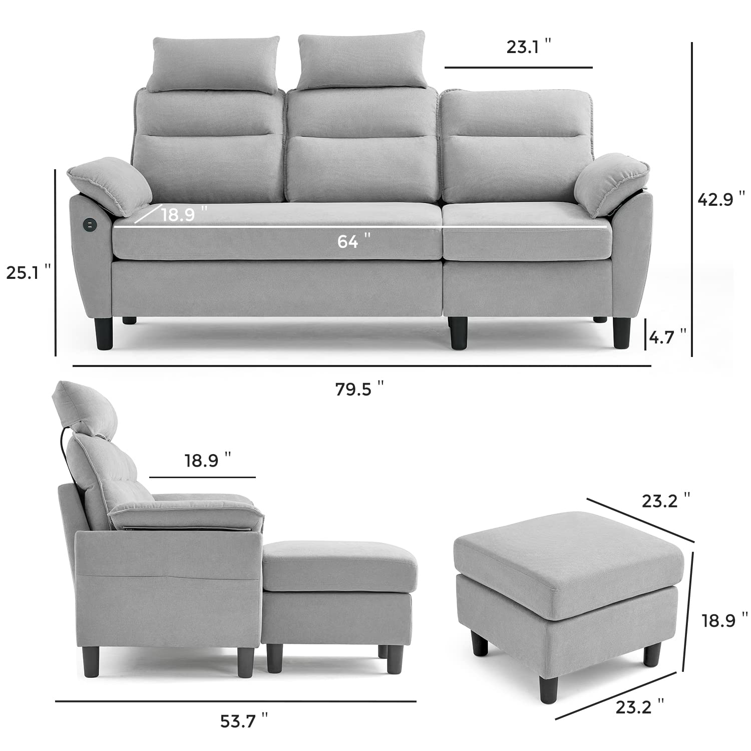 LINSY HOME Comfortable Small Reversible Sectional Sofa, L Shape Modern Sofa Couch Set with Ottoman for Living Room,Dark Gray