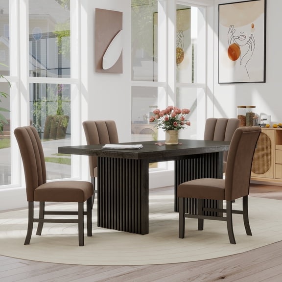 Roundhill Furniture Madison 5-Piece Dining Set, Slat-Fluted Dining Table with 4 Chairs, Chocolate