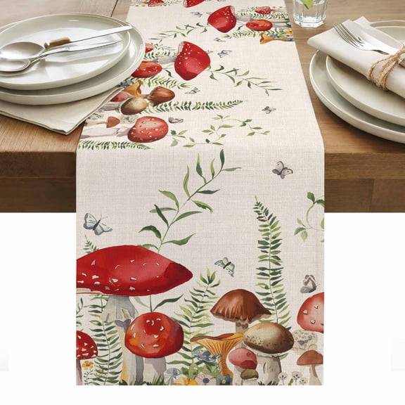 Red Mushrooms Table Runner - 120 Inch Long, Kitchen Dining Table Runner Dresser Scarves, Sage Green Eucalyptus Butterflies Plants Farmhouse Decor for Coffee Tables Wedding Party Banquet