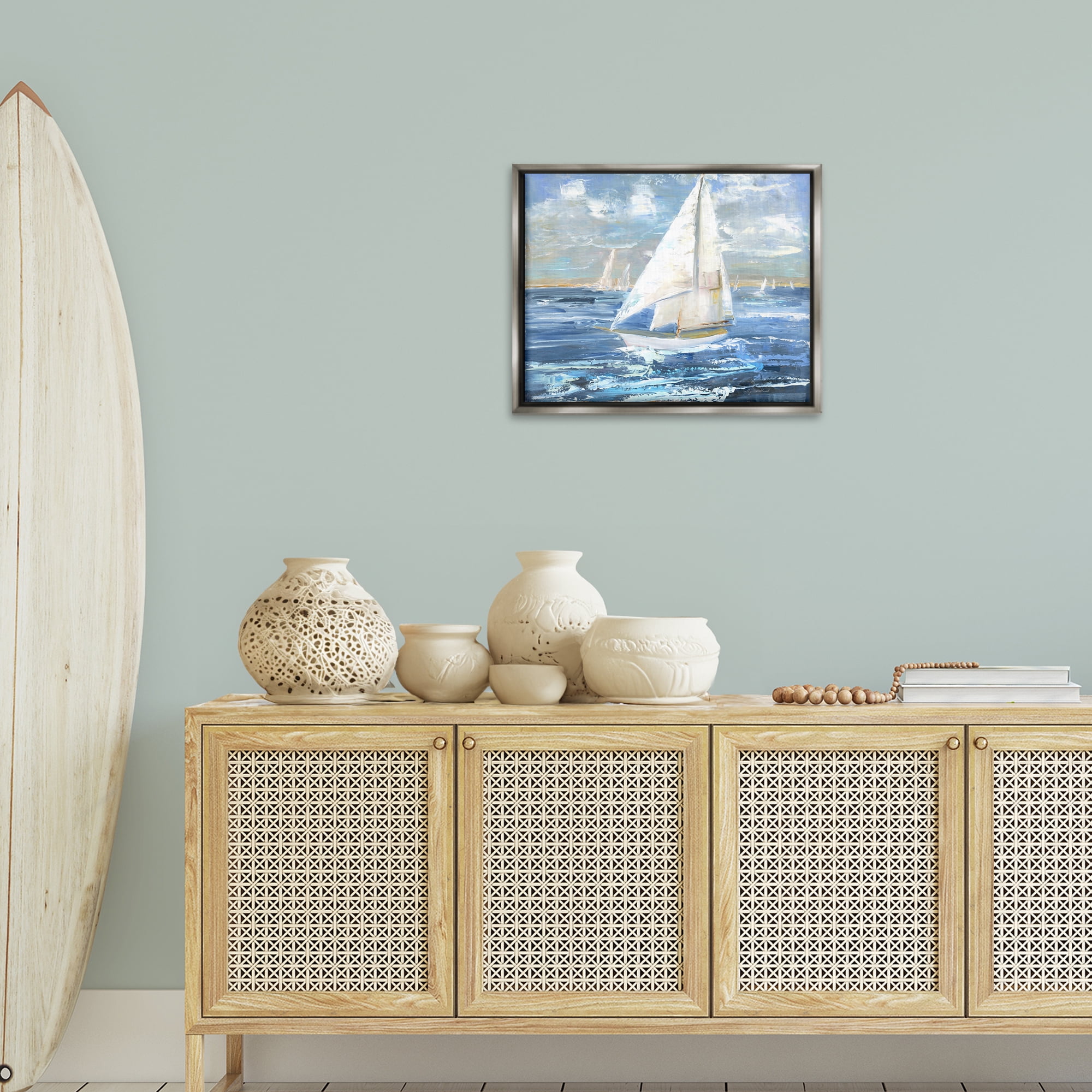 Stupell Industries Sailing Choppy Waves Nautical & Beach Painting Gray Floater Framed Canvas Art Print Wall Art, 21 x 17