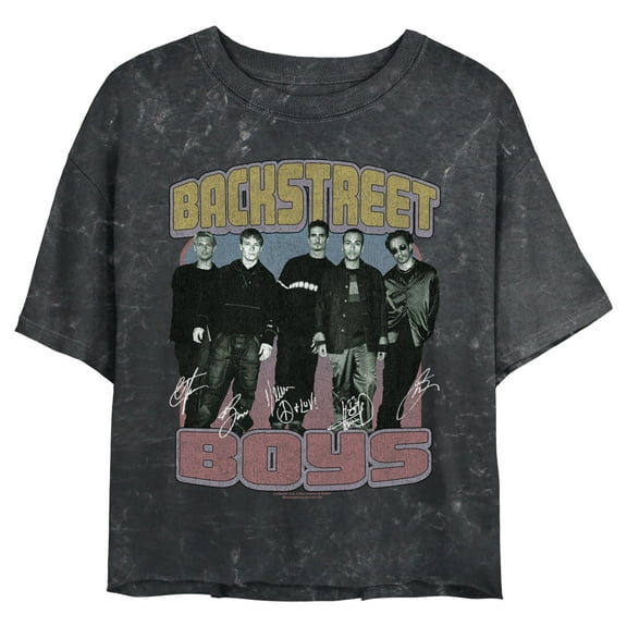 Junior's Backstreet Boys Group Shot Signatures Distressed Graphic Crop T-Shirt