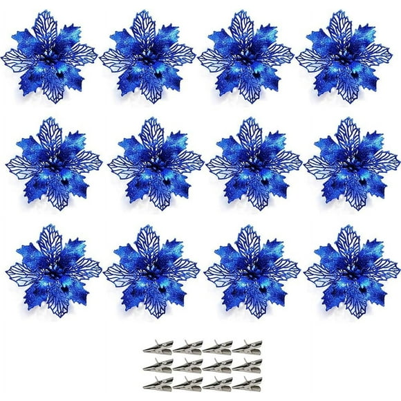 12 Pcs Christmas Poinsettia Flowers with Clips Christmas Poinsettia Flowers Glitter Poinsettia Christmas Artificial Flowers, Blue