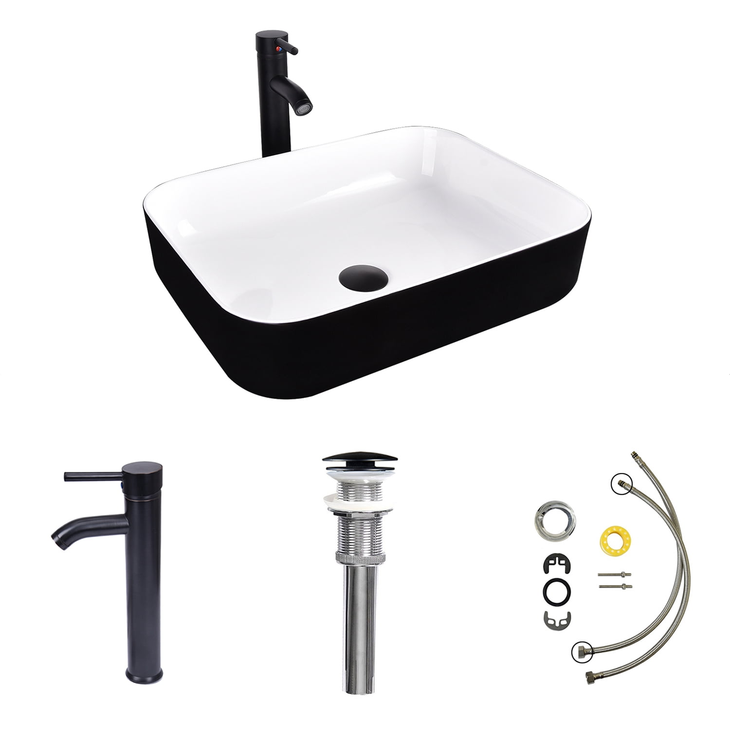FULLWATT Ceramic Bathroom Vessel Sink with Faucet Combo with Overflow Bowl Square Basin Black and White