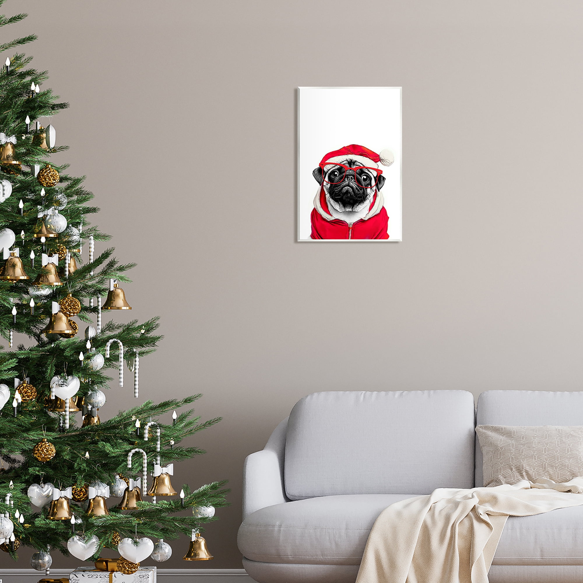 Stupell Industries Pug in Santa Hat Holiday Painting Unframed Art Print Wall Art, 13 x 19
