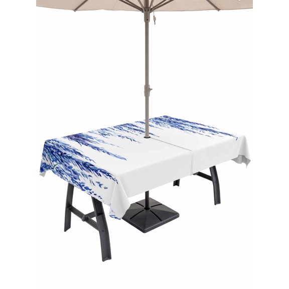 Outdoor Tablecloth with Umbrella Hole for Patio/Picnic/Party/Camping, Navy Blue Waterproof Table Cloth Rectangle Table Cover Washable, Summer Botanical Leaves Watercolor (60"x 84")