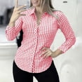 thumbnail image 2 of Women's Classic Collar Long Sleeve Blouses Gingham Plaid Button Down Shirts Slim Fit Soft Business Casual Blouse Tops for office Daily Wear Pink, 2 of 9