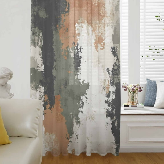 Vintage Sage Green Orange Semi Sheer Curtains Drapes for Living Room, Bedroom, French Doors Window 108 Inches Long, Modern Abstract Art Rod Pocket Chiffon Curtain Drapery Voile Draperies Panel