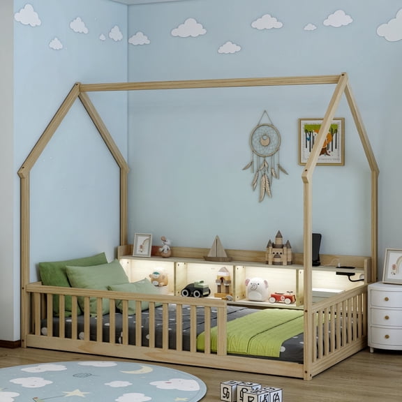 Twin Size House-Shaped Canopy Bed with Roof, Wood Kid's Floor Bed Frame with Storage Shelves, LED Lights & Charging Station