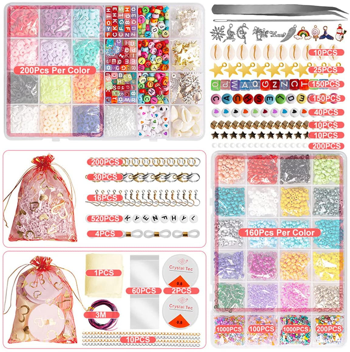 TOOPNK 360pcs Clay Bead Kits with pliers,pearls and Crystal Wires, 24 Kinds of Polymer Clay Beads for Making Jewelry DIY Bracelet Ne