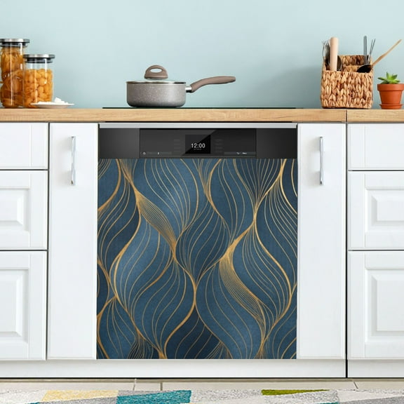Dishwasher Magnetic Refrigerator Magnet Cover Sticker Home Decorative 23"x26" Blue-gold Lines
