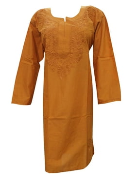 Mogul Indian Tunic Cotton  Brown Floral Embroidered Kaftan Kurti Dress
