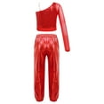 thumbnail image 2 of TiaoBug Kids Girls Sequins Hip Hop Jazz Ballet Dance Outfits One Shoulder Long Sleeve Crop Top with Metallic Pants Set Red 6, 2 of 7