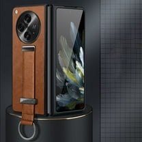 Dteck for OnePlus Open Case with Hand Strap Holder, Shockproof Premium PU Leather Slim Flip Protective Case Adjustable Wristband Stand Ring Cover, brown