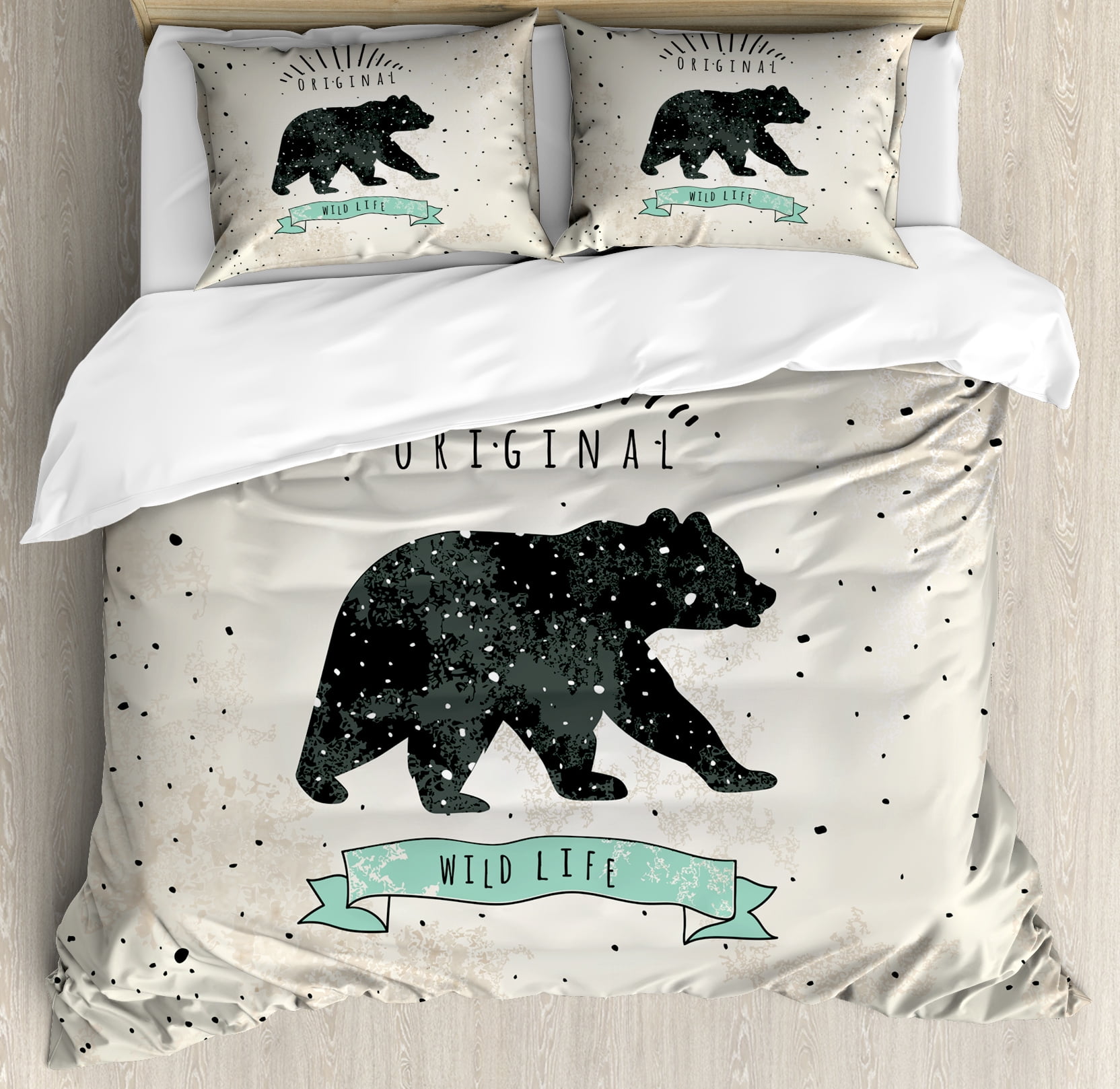 Bear Queen Size Duvet Cover Set Vintage Wildlife Label Hunting
