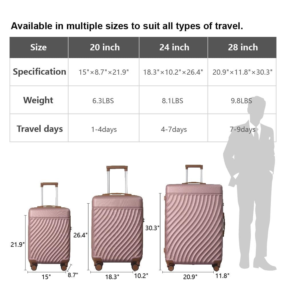 3-Piece 20", 24", 28" Wavy Texture Luggage Sets, Hardshell Travel Suitcases with Interior Pockets & 3-Digit TSA Lock