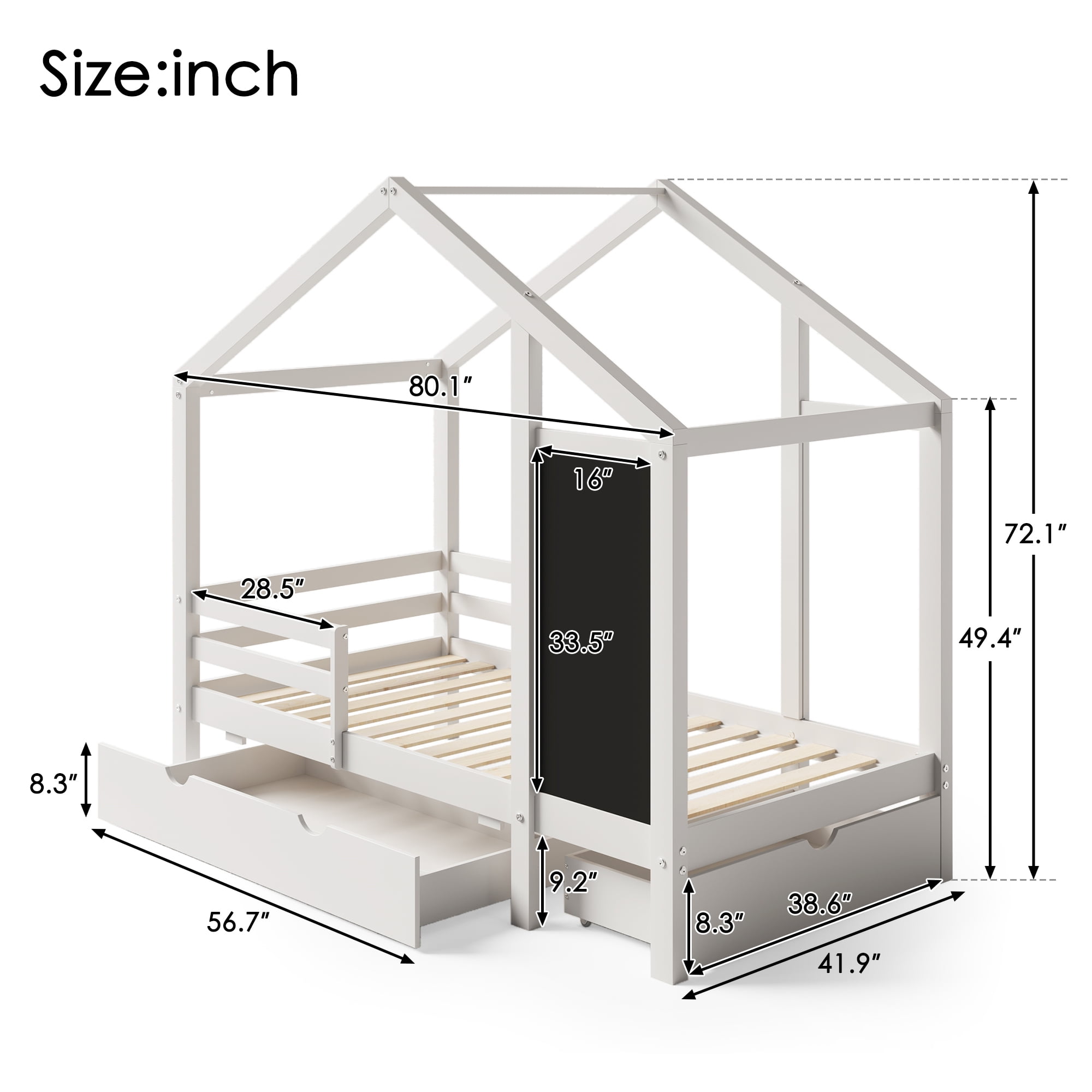DreamBuck Twin Size House Bed with Storage Drawers and Blackboard, Wood Playhouse Platform Bed with Guardrails and Slats, Twin House Bed for Boys, Girls, Easy Assembly, Noise Free