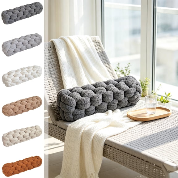 Hyknon Chunky Knit Knot Pillow, Long Handmade Strip Braided Cylindrical Throw Pillow, Soft Cozy Plush Lumbar Cushion Pillow, Nordic Decorative Bolster Cushion for Sofa Bedroom Home Decor 19.3"×5.5"