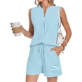 thumbnail image 5 of Stichou Women's Two Piece Sets Linen 2026 Summer Sleeveless V Neck Pleated Shorts Set Matching Sets Women Clothing Light Blue 2XL, 5 of 6