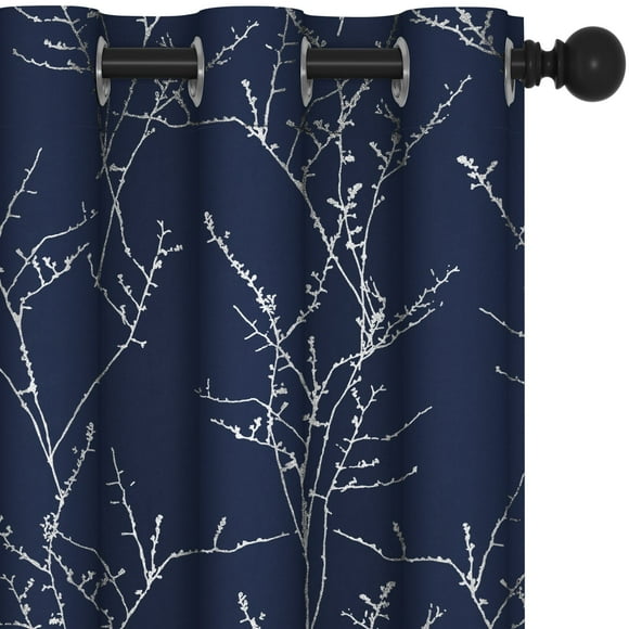 Deconovo Blackout Curtains For Boys Room, 84 Inches Long, Decorative Window Curtains, Noise Reducing Sun Blocking Drapes With Tree Twigs Design - 42W X 84L Inch, Navy Blue, Set Of 2 Panels