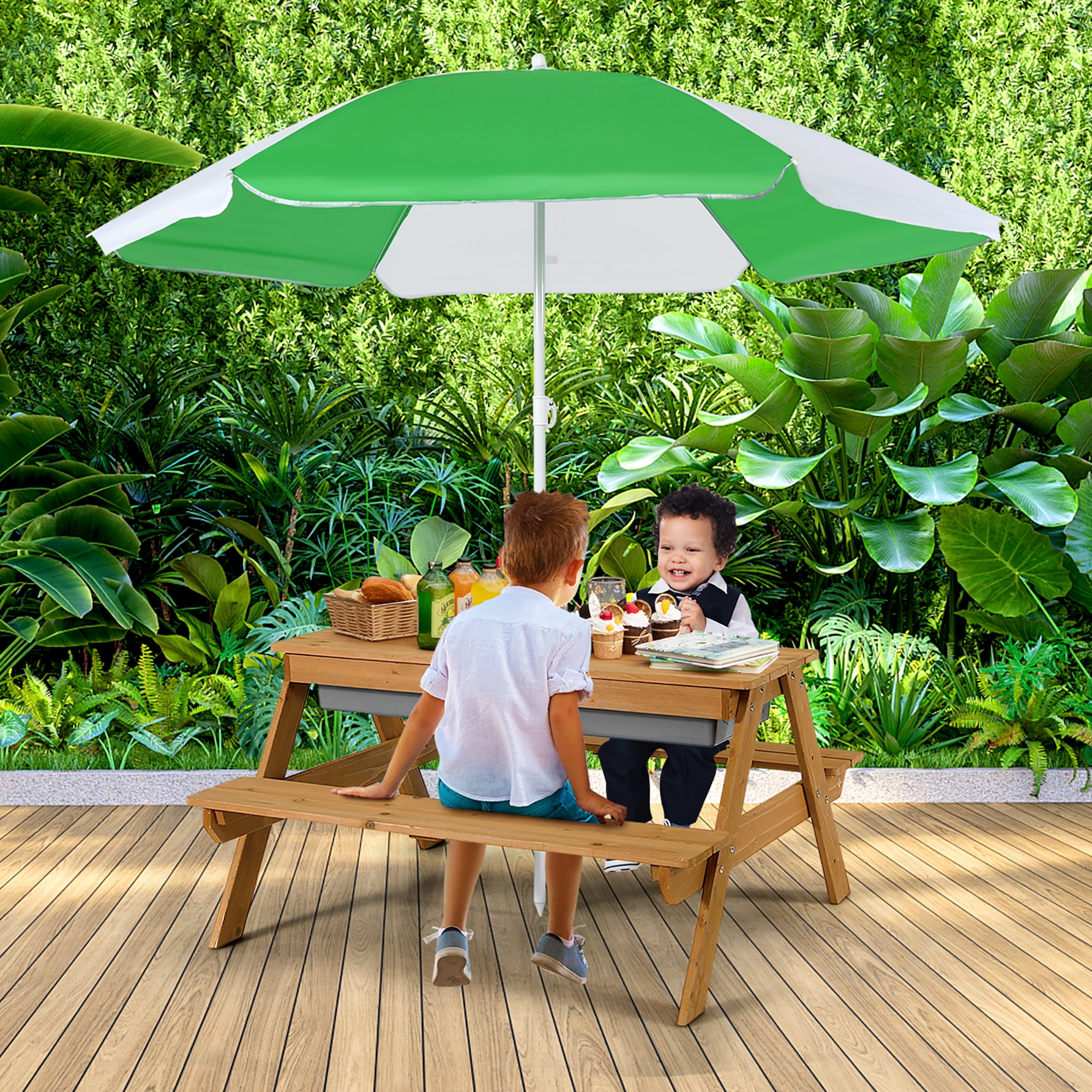 Costway 3-in-1 Kids Picnic Table Wooden Outdoor Sand & Water Table with Umbrella Play Boxes Natural