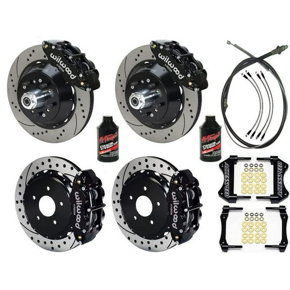 WILWOOD SL6R 14 FRONT & SL4R 13 REAR BIG BRAKE KIT COMBO WITH FREE PARKING BRAKE CABLE BRAKE LINES BRAKE FLUID BLACK CALIPERS & DRILLED ROTORS - For 1965-1967 MUSTANG W/2.36 REAR