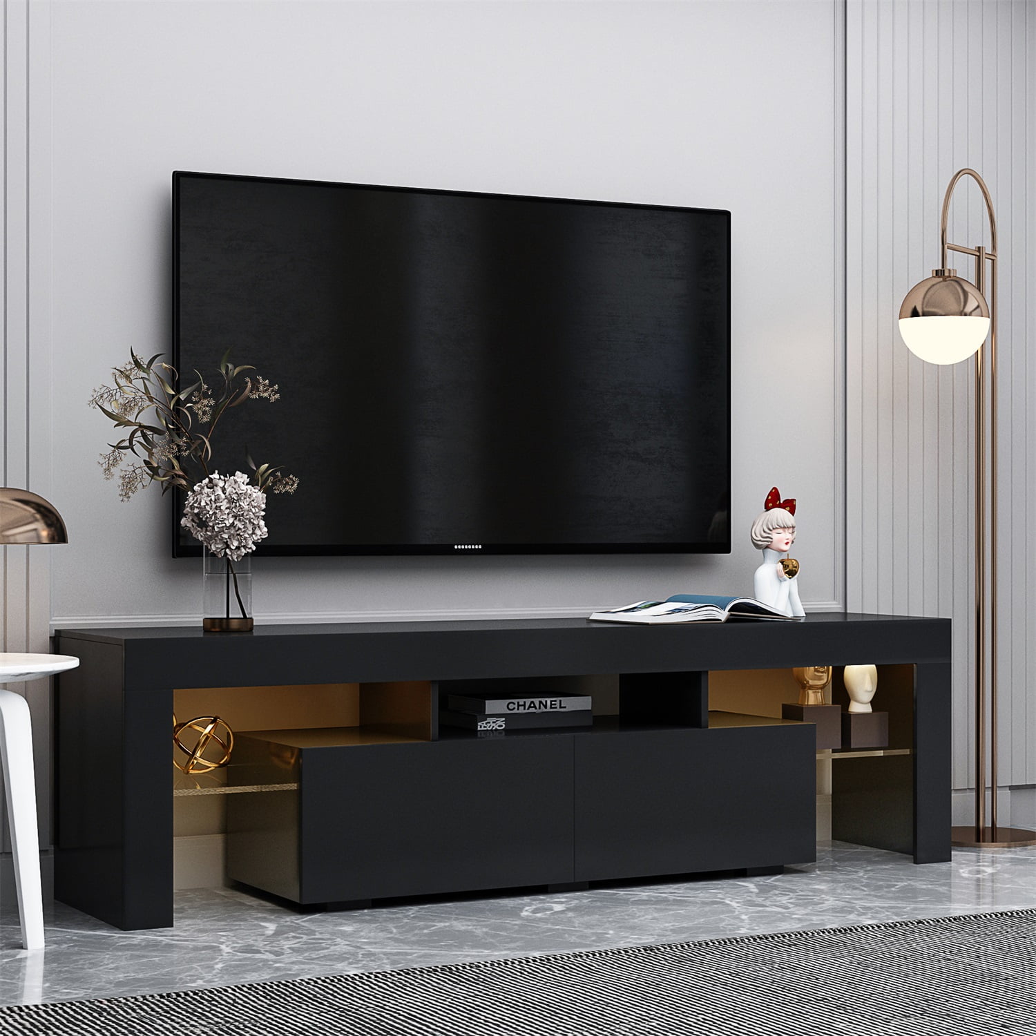 Kadyn TV Console, Modern TV Stand with 20 Colors LED and Remote Control Lights, MDF Entertainment Center TV Console for TVs up to 70", Black