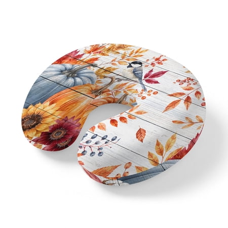 Neck Pillow Thanksgiving Pumpkin Sunflower Berry Travel Pillow Memory Foam U Shaped Pillows Fall Plant Bird Wood Plank Travel Neck Pillows for Airplane Car Office Home Sleeping Rest