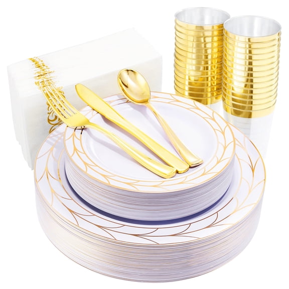 COLOSUS 175pcs Disposable Gold Plastic Party AFN1Plates and Silverware set Include Plastic Dinner Plate/Dessert Plate/Gold Silverware/Cup/Napkins 25pcs of each, party Dinnerware Set for 25guests.