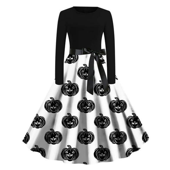 XUNKUSGA Dresses for Women Round Neck Long Sleeve Formal Dresses for Women Pattern Printed Swing Hem A Line Ruffle With Belt Womens Dresses S-2XL