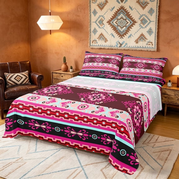 Manfei Damask Floral Queen Sheets, Baroque Flower Queen Sheet Sets, Pink and Red, Black Reversible 4pcs1 Flat Sheet 1 Fitted Sheet 2 Pillowcases